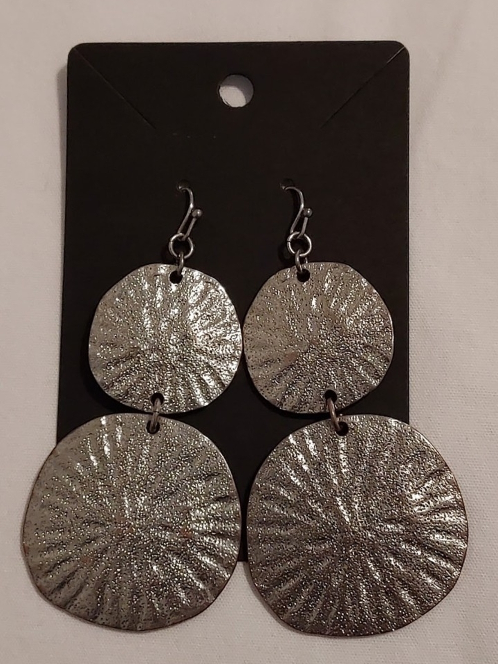Silver Textured Double Disk Dangle Earrings